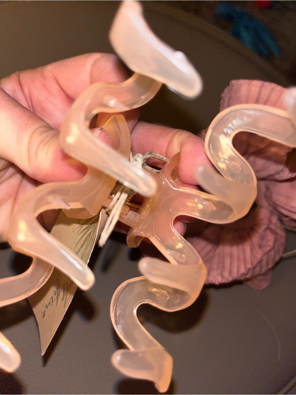 Pink Ruffled Fabric Scrunchie with Gold Threading - Picture 6 of 7